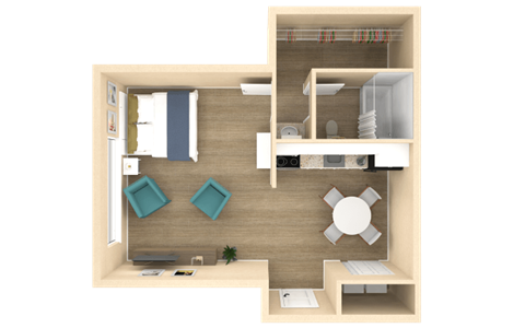 a 3d rendering of a bedroom with a living room and a dining room